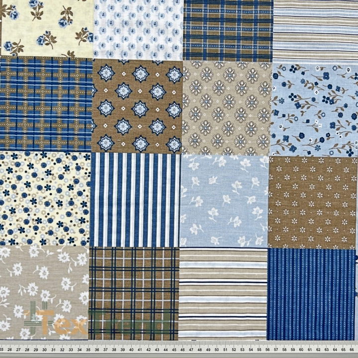 Baumwolle 100% Patchwork Blumen blau-beige  