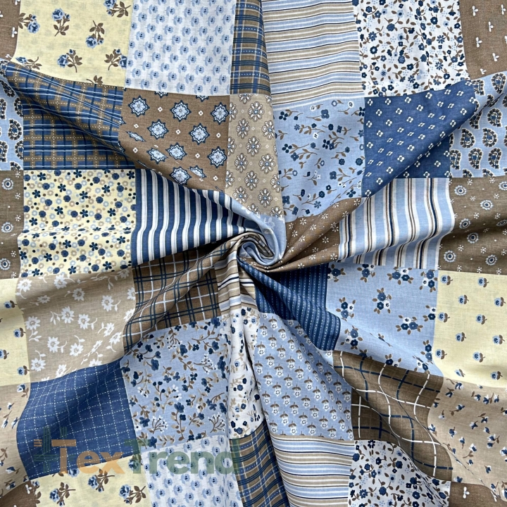 Baumwolle 100% Patchwork Blumen blau-beige  