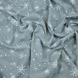 Jersey-Stoff weiße Schneeflocken mit goldenen Sternen auf grauem Hintergrund  