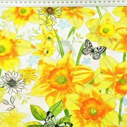 Baumwolle 100% Blumen Narzissen auf weißem Hintergrund  