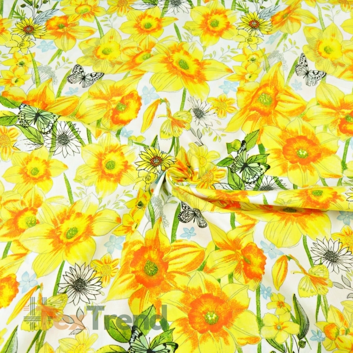 Baumwolle 100% Blumen Narzissen auf weißem Hintergrund  