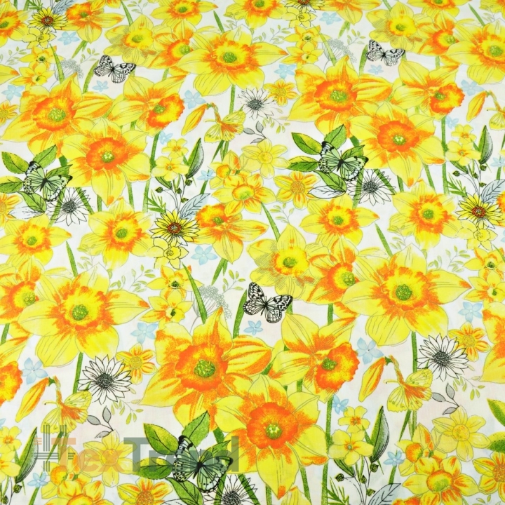 Baumwolle 100% Blumen Narzissen auf weißem Hintergrund  