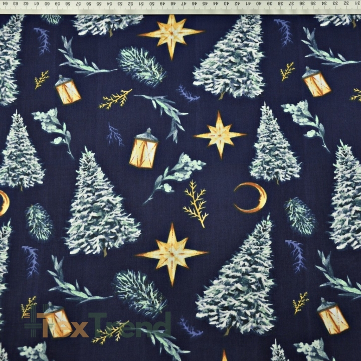 Baumwolle 100% Weihnachtsmuster Tannenbäume im Wald auf marineblauem Hintergrund