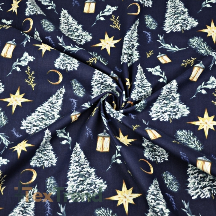 Baumwolle 100% Weihnachtsmuster Tannenbäume im Wald auf marineblauem Hintergrund