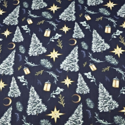 Baumwolle 100% Weihnachtsmuster Tannenbäume im Wald auf marineblauem Hintergrund