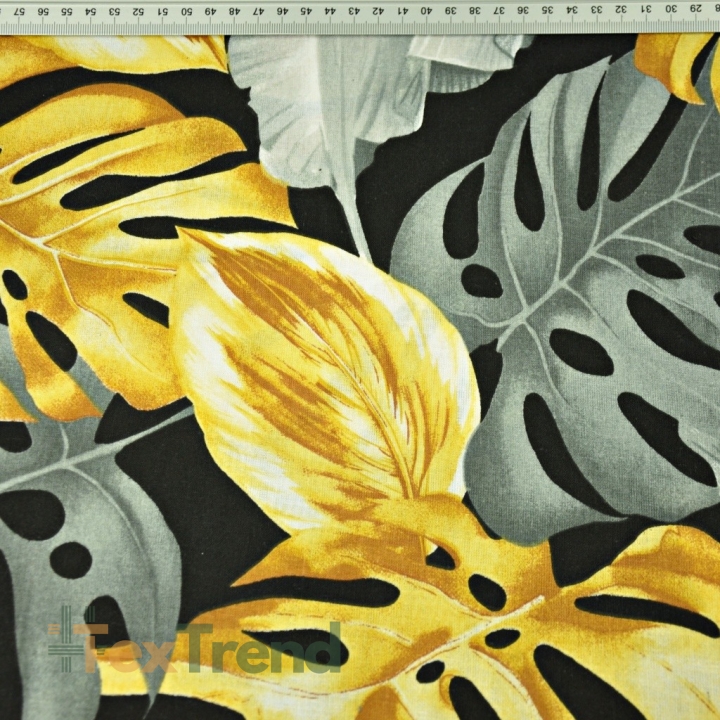Baumwolle 100% Monstera- und Bananenblätter gold-grau auf schwarzem Hintergrund  