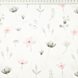 Baumwolle 100% Wiesenblumen rosa-grau auf weißem Hintergrund  