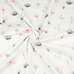 Baumwolle 100% Wiesenblumen rosa-grau auf weißem Hintergrund  