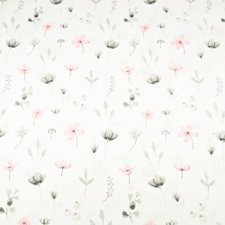 Baumwolle 100% Wiesenblumen rosa-grau auf weißem Hintergrund  