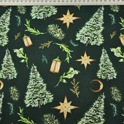 Baumwolle 100% Weihnachtsmuster Tannenbäume im Wald auf dunkelgrünem Hintergrund  