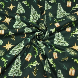 Baumwolle 100% Weihnachtsmuster Tannenbäume im Wald auf dunkelgrünem Hintergrund  