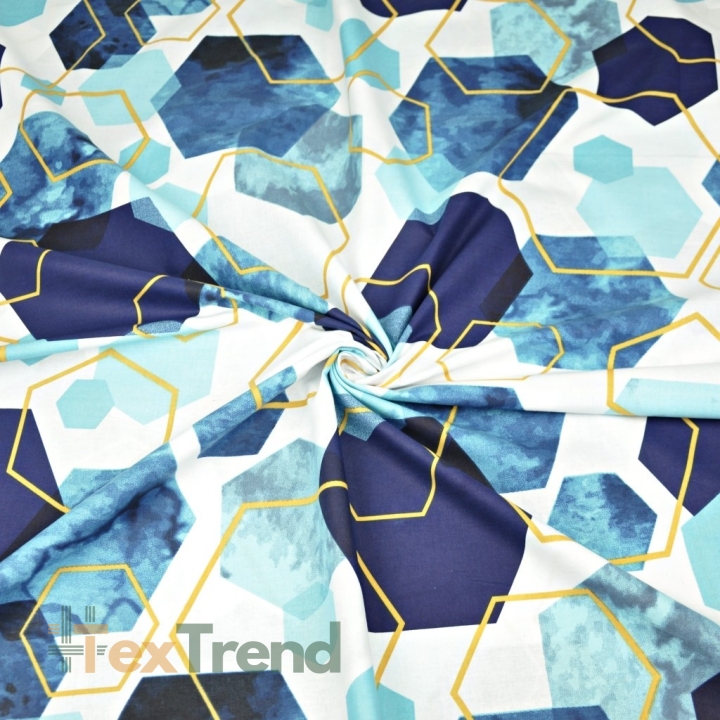 Baumwolle 100% geometrisch Rauten blau-gold auf weiß - 220cm  