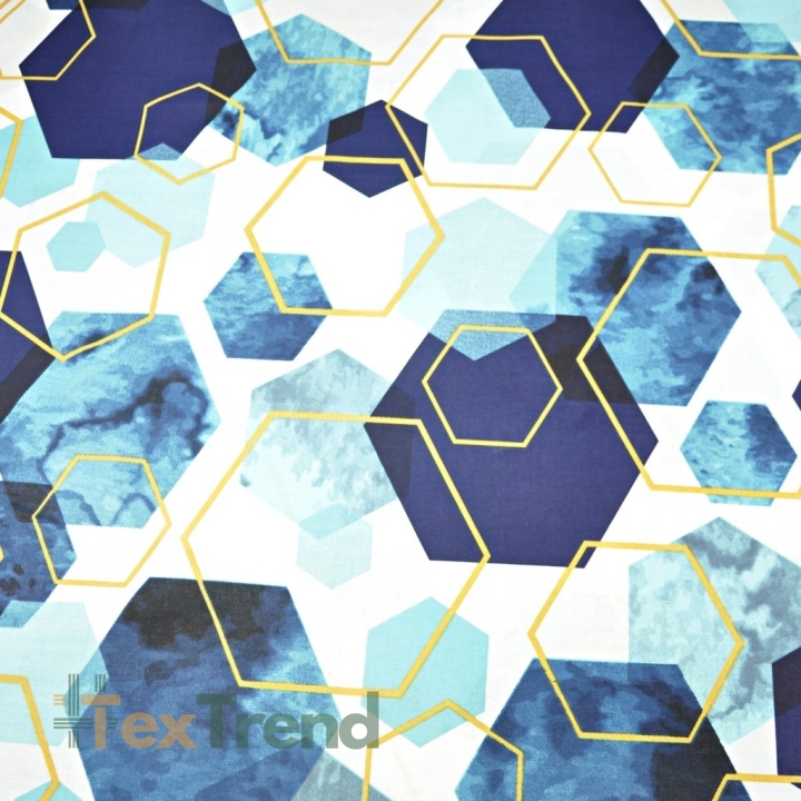 Baumwolle 100% geometrisch Rauten blau-gold auf weiß - 220cm  