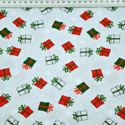 Jersey-Stoff grün-rote Geschenke auf hellblauem Hintergrund  