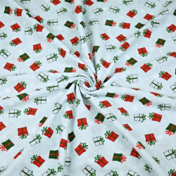 Jersey-Stoff grün-rote Geschenke auf hellblauem Hintergrund  