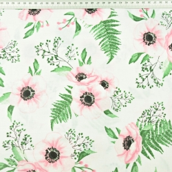 Baumwolle 100% Blumen Anemonen rosa-grün auf weißem Hintergrund  