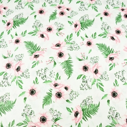 Baumwolle 100% Blumen Anemonen rosa-grün auf weißem Hintergrund  