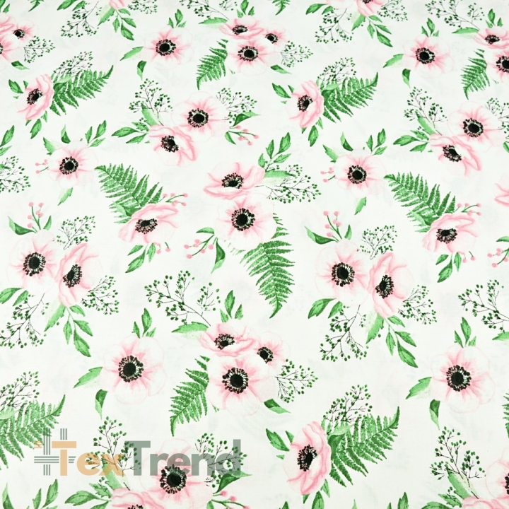 Baumwolle 100% Blumen Anemonen rosa-grün auf weißem Hintergrund  