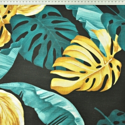 Baumwolle 100% Monstera- und Bananenblätter gold-türkis auf schwarzem Hintergrund  