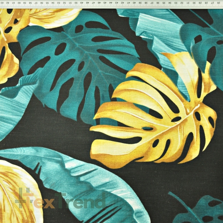 Baumwolle 100% Monstera- und Bananenblätter gold-türkis auf schwarzem Hintergrund  