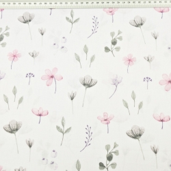 Baumwolle 100% Wiesenblumen rosa-grau-lila auf weißem Hintergrund  