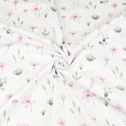 Baumwolle 100% Wiesenblumen rosa-grau-lila auf weißem Hintergrund  