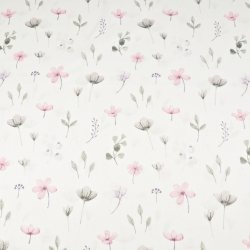 Baumwolle 100% Wiesenblumen rosa-grau-lila auf weißem Hintergrund  