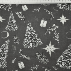 Baumwolle 100% Weihnachtsmuster Tannenbäume im Wald auf graphitfarbenem Hintergrund  