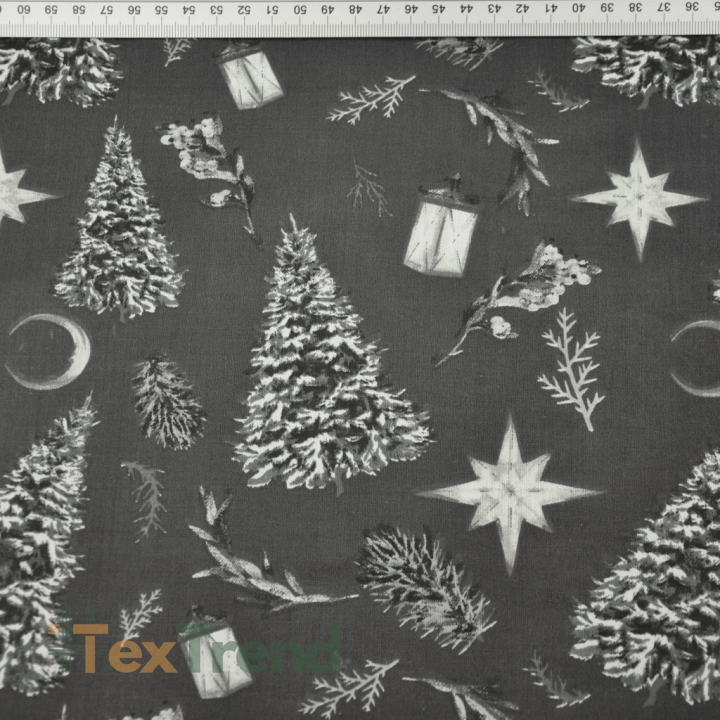 Baumwolle 100% Weihnachtsmuster Tannenbäume im Wald auf graphitfarbenem Hintergrund  