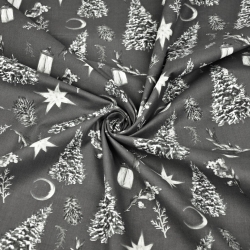 Baumwolle 100% Weihnachtsmuster Tannenbäume im Wald auf graphitfarbenem Hintergrund  