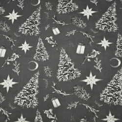 Baumwolle 100% Weihnachtsmuster Tannenbäume im Wald auf graphitfarbenem Hintergrund  
