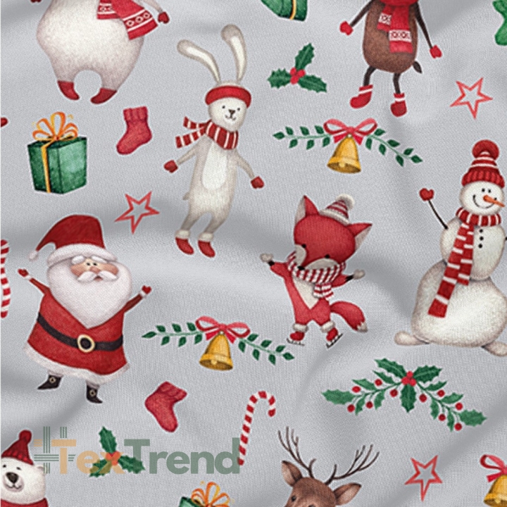 Baumwolle 100% Weihnachtsmuster fröhliche Tiere auf hellgrauem Hintergrund  
