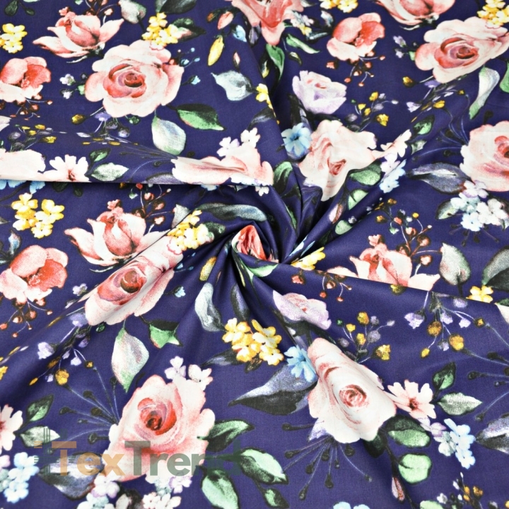 Baumwolle 100% Rosenblüten auf dunkelviolettem Hintergrund - 220cm  