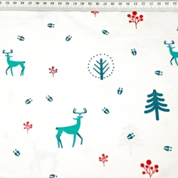 Jersey-Stoff grün-rote Rehe auf weißem Hintergrund  