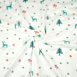 Jersey-Stoff grün-rote Rehe auf weißem Hintergrund  