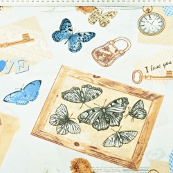 Baumwolle 100% Vintage Souvenirs mit blauen Schmetterlingen auf weißem Hintergrund  