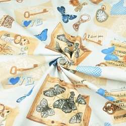 Baumwolle 100% Vintage Souvenirs mit blauen Schmetterlingen auf weißem Hintergrund  