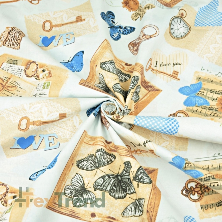 Baumwolle 100% Vintage Souvenirs mit blauen Schmetterlingen auf weißem Hintergrund  