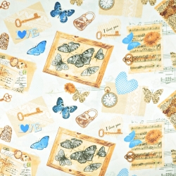 Baumwolle 100% Vintage Souvenirs mit blauen Schmetterlingen auf weißem Hintergrund  