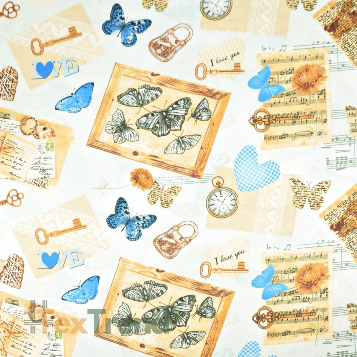 Baumwolle 100% Vintage Souvenirs mit blauen Schmetterlingen auf weißem Hintergrund  
