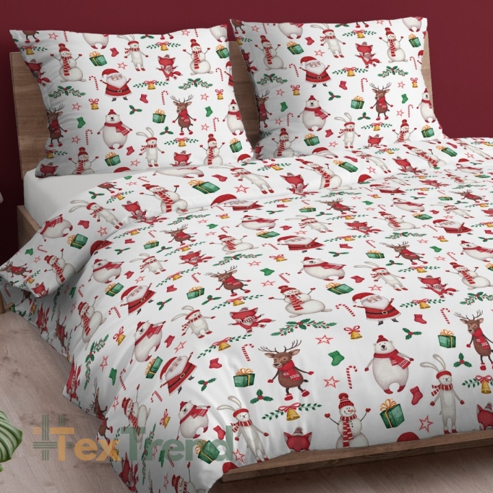 Baumwolle 100% Weihnachtsmuster fröhliche Tiere auf weißem Hintergrund  