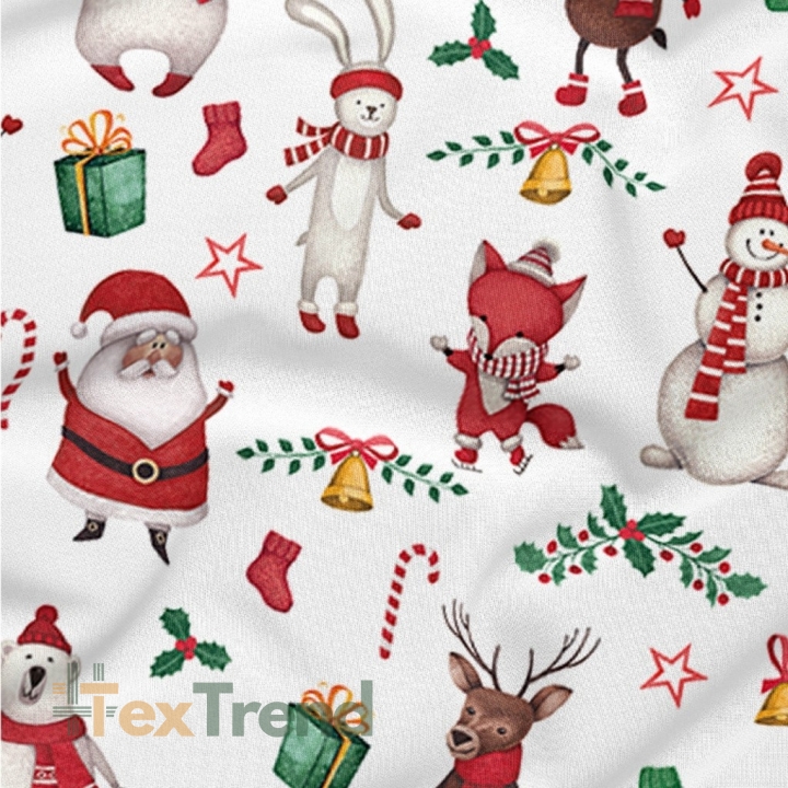 Baumwolle 100% Weihnachtsmuster fröhliche Tiere auf weißem Hintergrund  
