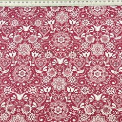 Baumwolle 100% bestickte Blumen mit Vogel weiß auf bordeauxfarbenem Hintergrund  