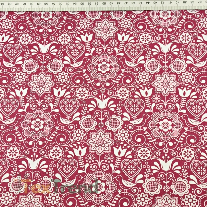 Baumwolle 100% bestickte Blumen mit Vogel weiß auf bordeauxfarbenem Hintergrund  