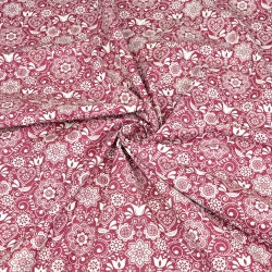 Baumwolle 100% bestickte Blumen mit Vogel weiß auf bordeauxfarbenem Hintergrund  