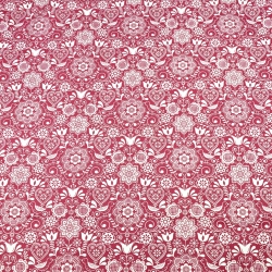 Baumwolle 100% bestickte Blumen mit Vogel weiß auf bordeauxfarbenem Hintergrund  