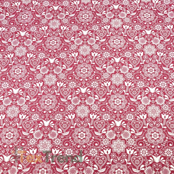 Baumwolle 100% bestickte Blumen mit Vogel weiß auf bordeauxfarbenem Hintergrund  