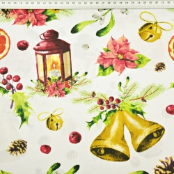 Baumwolle 100% Weihnachtsmuster Glöckchen mit Laternen auf weißem Hintergrund  