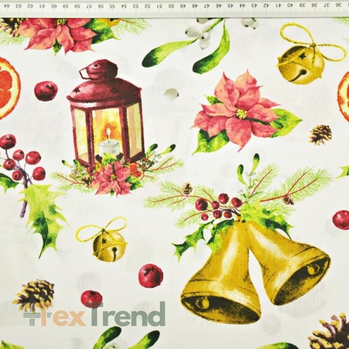 Baumwolle 100% Weihnachtsmuster Glöckchen mit Laternen auf weißem Hintergrund  