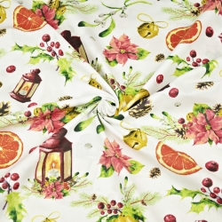 Baumwolle 100% Weihnachtsmuster Glöckchen mit Laternen auf weißem Hintergrund  